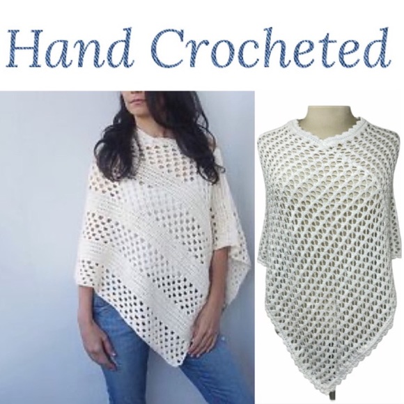 Boho Hand Knit White Crochet Poncho Boho Festival Spell Gypsy Sweater Shawl - Picture 1 of 16